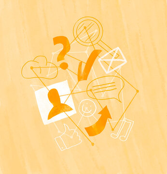 Illustration of communication and social media icons on a yellow background