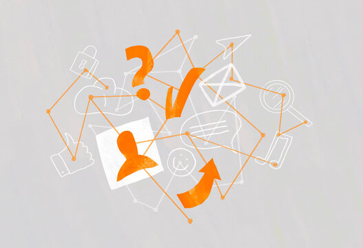 Abstract illustration with communication and social media icons in orange and white
