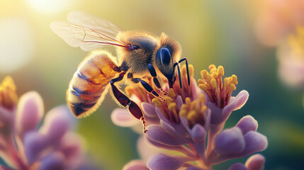Cinematic shot of an anthropomorphic bee on a flower, macro photography, close-up