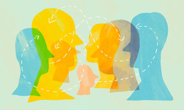 Minimalistic abstract illustration of colorful profiles representing human diversity and connection