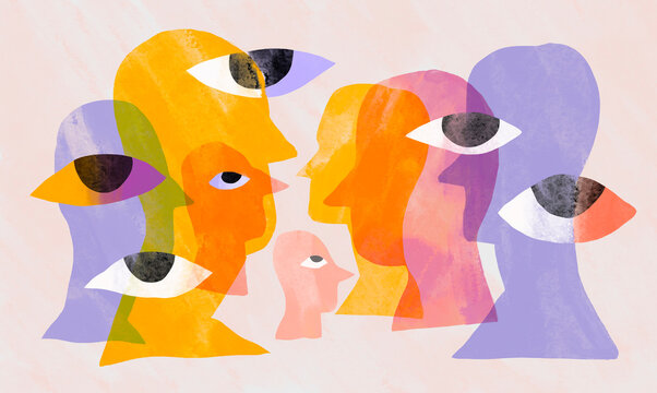 Minimalistic abstract illustration with colorful portraits in profile representing human diversity and connections
