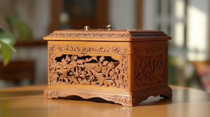 Intricately Carved Wooden Box with Decorative Floral Design