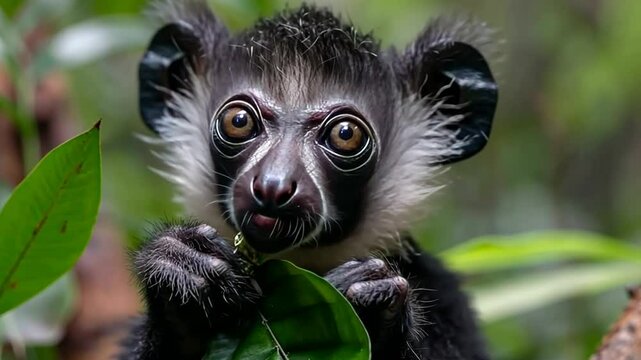 Curious monkey explores jungle while munching on green leaves under natural light