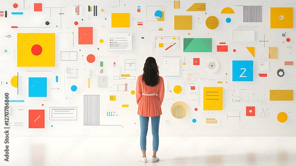 Aufkleber woman facing data visualization on wall for data analysis, problem solving, and business development