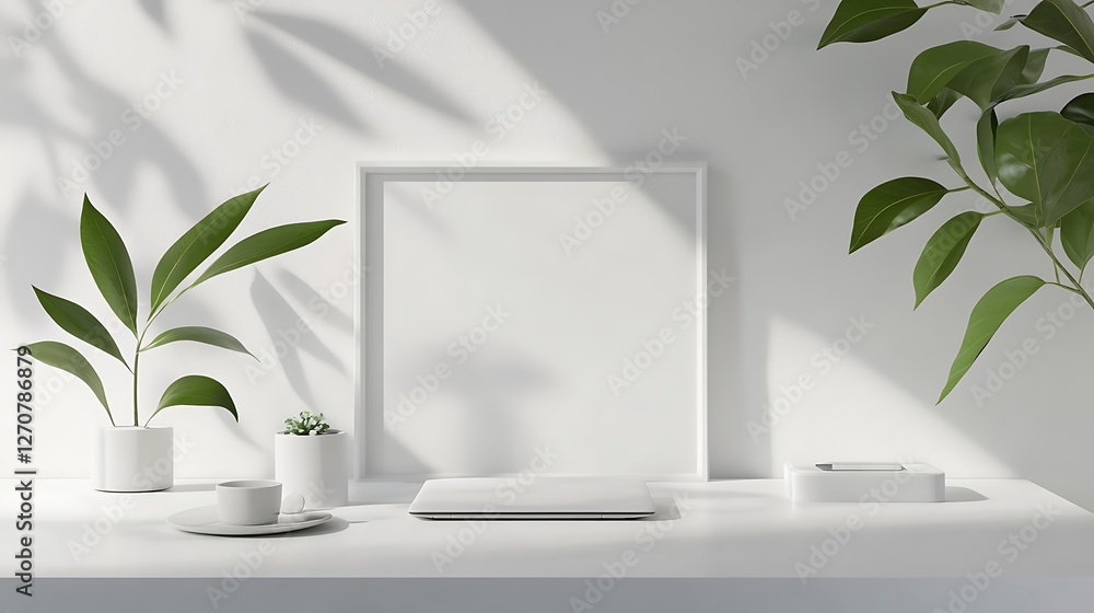 Poster bright desk with plants surrounding blank frame. coffee is on the side. use for mockups