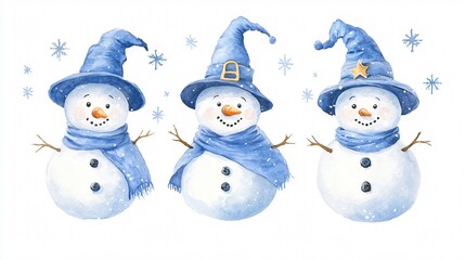 Enchanted Winter Wizards: Three Snowmen in Blue Robes