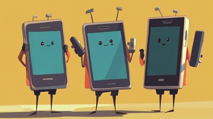 Illustrative Image of Animated Characters Using Oversized Phones