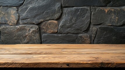 A rustic wooden table against a textured stone wall, creating a natural and earthy ambiance suitable for various design themes.