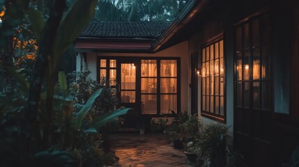 Tropical house, evening lights, garden path, calm ambiance, vacation rental