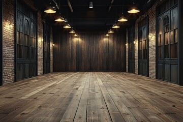 Fototapeta premium Dark wood interior, loft space, empty, lamps, brick