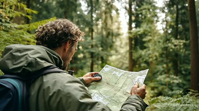 Hiker Navigating with Compass and Map in Dense Forest