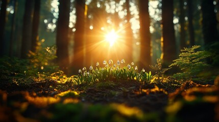Obraz premium forest clearing with snowdrops spreading across ground, signaling start of spring