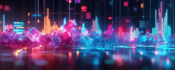 Fototapeta premium Plastic pollution concept. Vibrant digital abstract landscape with bright data visualization elements.