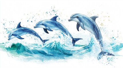 Three Dolphins Swimming and Playing in Ocean