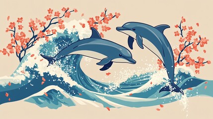 Oceanic Dolphins Jumping Over Waves with Cherry Blossoms