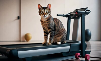 Cute cat in the gym. A pet is sitting on a treadmill. Healthy lifestyle of a sporty kitten