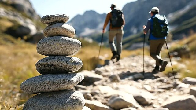 Hiker using cairns to navigate mountain trail