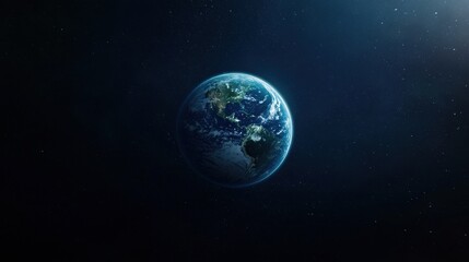 A vibrant view of Earth in space, showcasing its blue oceans and green landmasses against a dark, starry background.