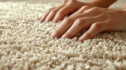 Close-up of hands touching soft carpet texture