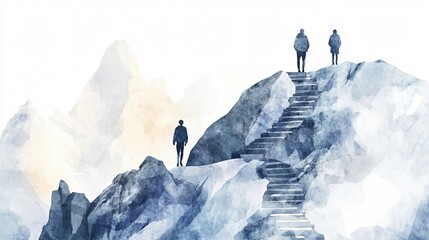 Three Figures Ascending a Stone Staircase Carved into a Rock Face