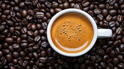 A steaming cup of coffee sits atop a bed of roasted coffee beans, showcasing a rich, inviting brew and the deep brown hues of the beans.