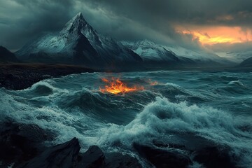 Fototapeta premium Fiery ocean waves crash near snowy mountains