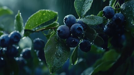 Rain-soaked blueberries on bush, farm, nature background. Food, recipe, blog use