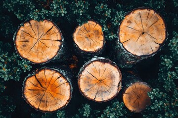 Fototapeta premium Forest felled logs, overhead view, nature background, firewood