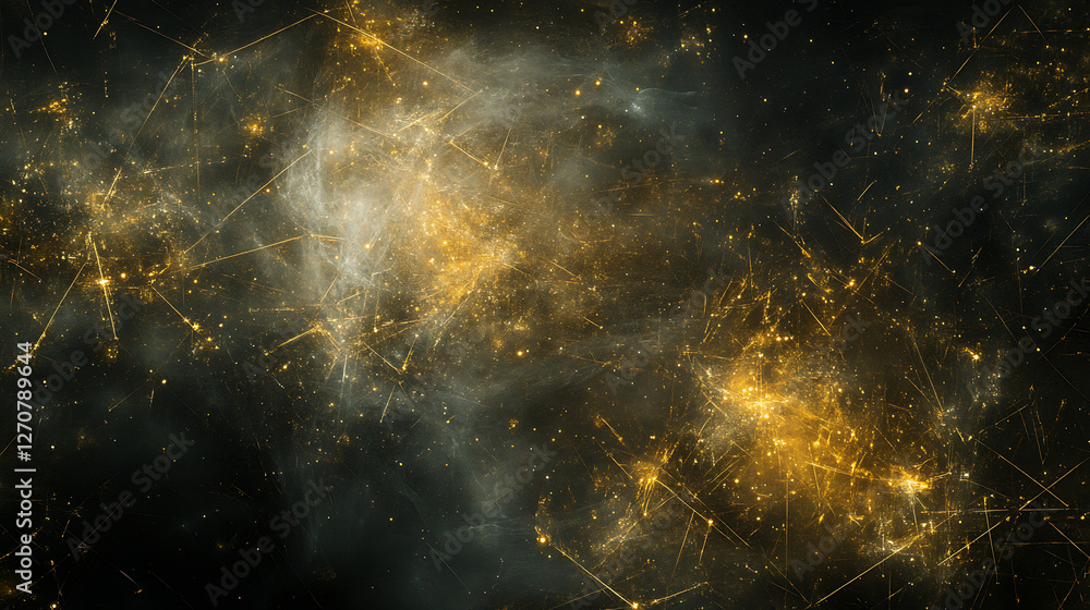 Poster network of golden lights connecting in a complex system of data visualization and information techno