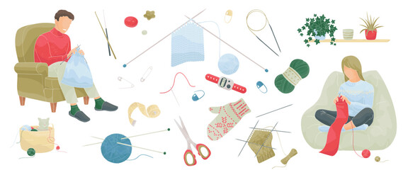 man and woman knitting sitting in a chair and a set of elements about knitting, knitting needles, crochet, balls of wool, pins, scissors, row counter, stitch markers, buttons, knitted mittens