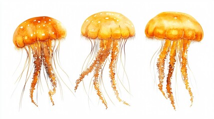 Golden Jellyfish Watercolor Illustration: Ocean and Marine Life Artwork