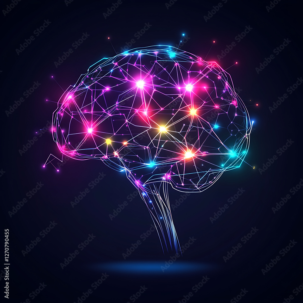 Poster neural network illustration of a brain connecting with artificial intelligence technology concept