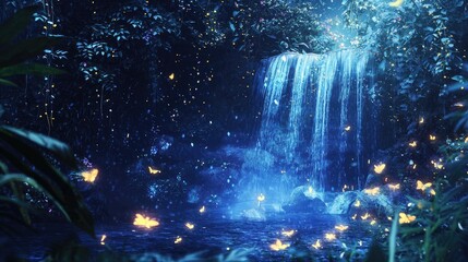 Enchanted Waterfall with Glowing Butterflies and Lush Greenery