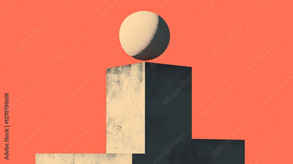 Aufkleber Sphere resting on concrete blocks with red background for abstract artistic concept use