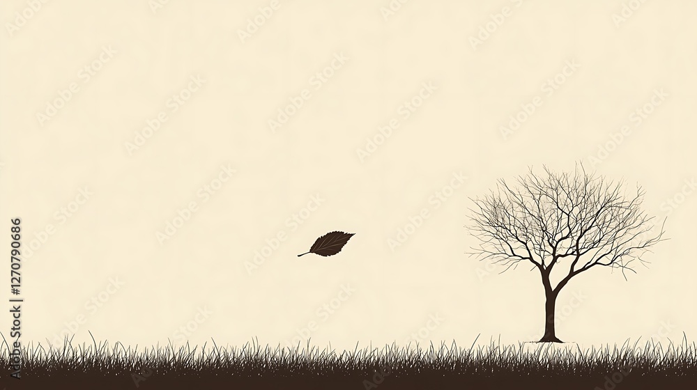 Poster autumnal landscape with bare tree and fallen leaf
