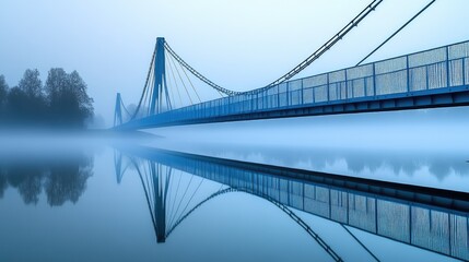 Obraz premium A blue bridge stretching over a misty river at dawn.