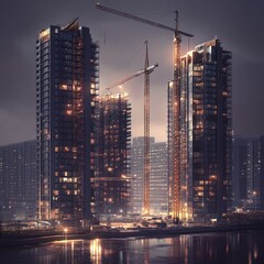 Obraz premium Night city construction, skyscrapers rising, waterfront, urban development, architectural visualization