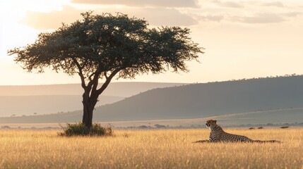 Naklejka premium Cheetah resting savanna sunset acacia tree Africa wildlife
