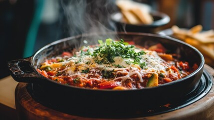 Fototapeta premium Sizzling Hot Skillet with Cheesy Vegetables and Fresh Herbs