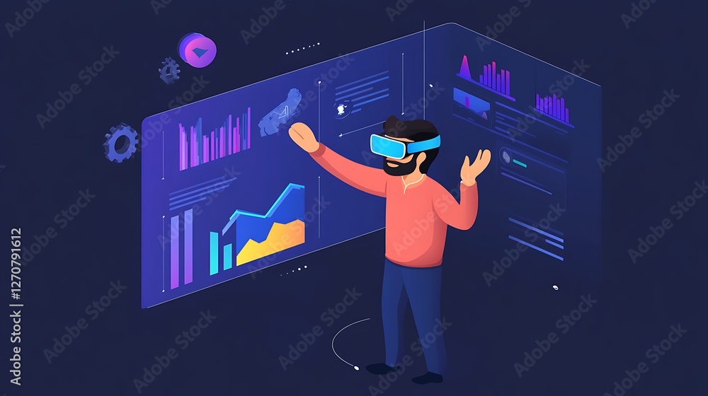 Poster Man in VR headset interacts with graphs, data. Tech analysis background, use for presentations