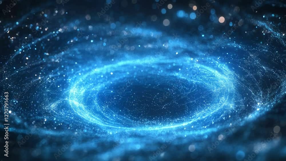 Poster a cosmic scene with a black hole in the center. a glowing blue halo is visible around the black hole