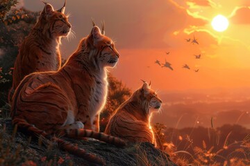 Three saber-toothed cats resting on a cliff at sunset, gazing into vibrant orange sky, surrounded by lush vegetation, embodying tranquility and familial bonding within ancient wilderness setting.