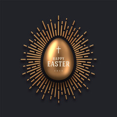 Fototapeta premium Easter greeting card design. 3d golden egg with type design and sunburst. Vector illustration.