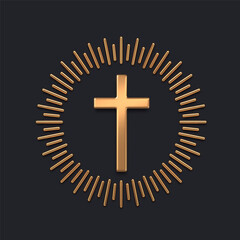 Golden latin religious cross with sunburst. 3d gold metal catholic cross. Vector illustration.