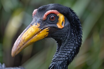 Fototapeta premium Portrait dodo bird with striking yellow black beak, bright red eyes, textured feather details. Close-up captures bird natural, exotic beauty, enhancing its unique extinct status in vibrant, lifelike.