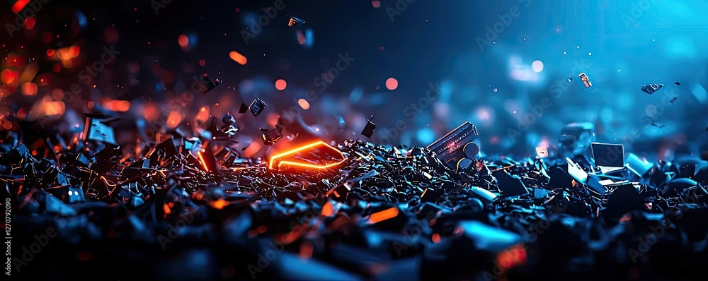Poster plastic pollution concept. dynamic abstract background of scattered particles with glowing highlight