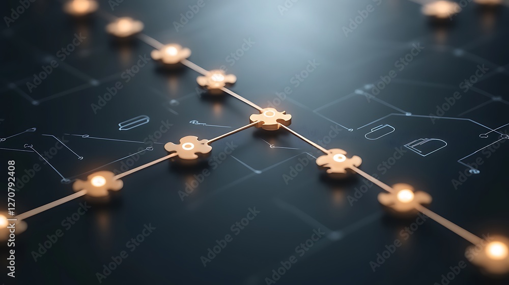 Poster connected gold puzzle pieces on a dark background illustrating networking or teamwork, for presentat