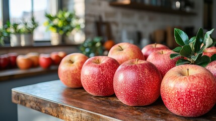 Fresh Red Apples on Wooden Table in Cozy Kitchen Setting