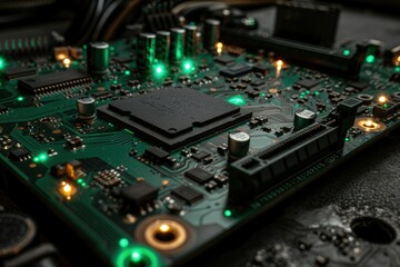 Fototapeta premium Macro shot of a green motherboard with glowing electronic components. Concept of computing power, artificial intelligence, and future technology in digital transformation.