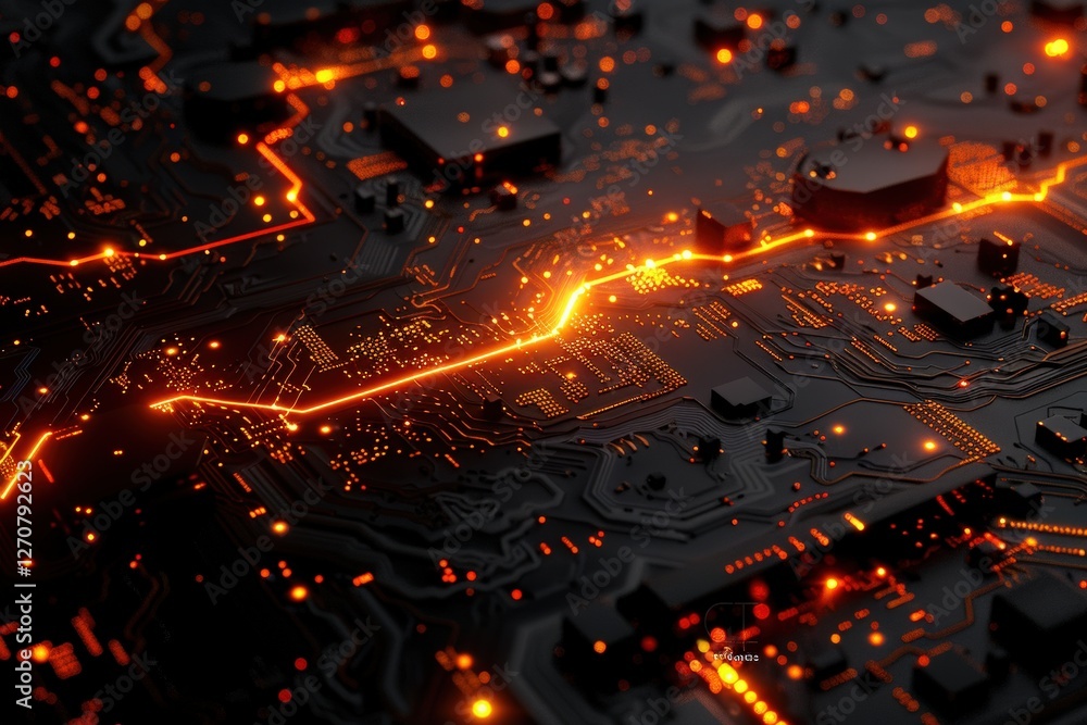 Poster abstract close-up of a futuristic circuit board glowing with neon orange energy. concept of artifici